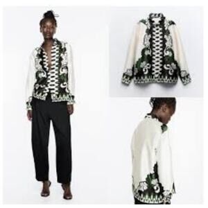 Zara long sleeve silky beige button front green floral trim blouse top SZ Large